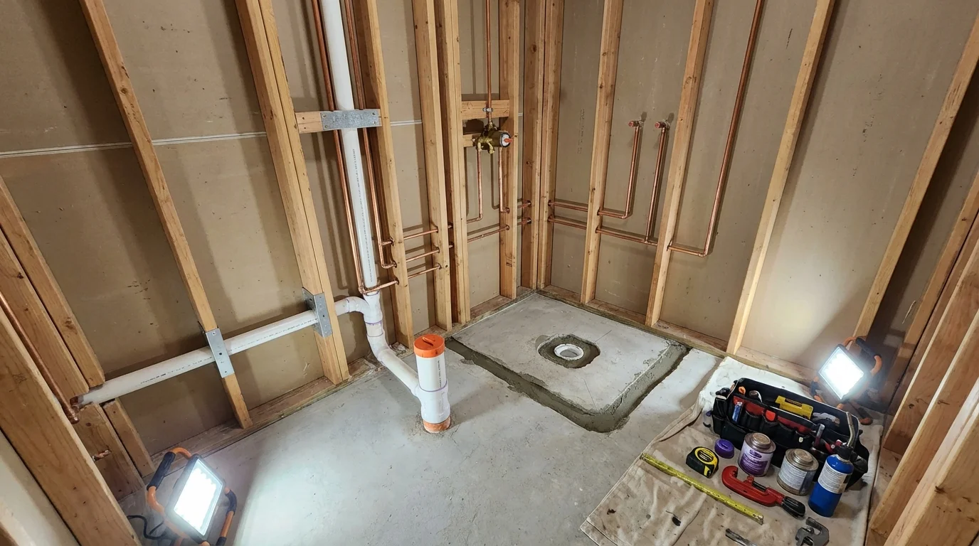 Bathroom rough-in plumbing during remodel by Johns Plumbing LLC in Haubstadt