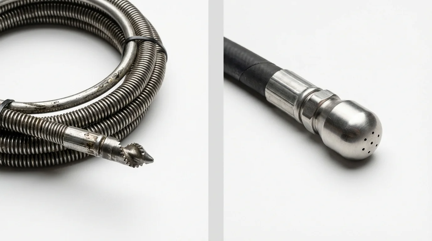 Drain snake cable and hydro jetting nozzle used for drain cleaning in Haubstadt, IN