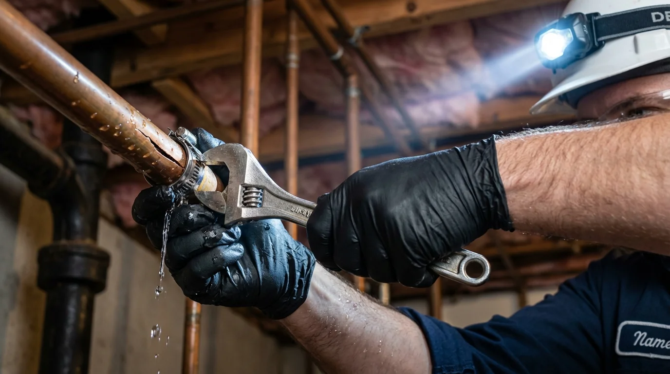 Emergency pipe clamp repair being performed by a Johns Plumbing LLC plumber in Haubstadt