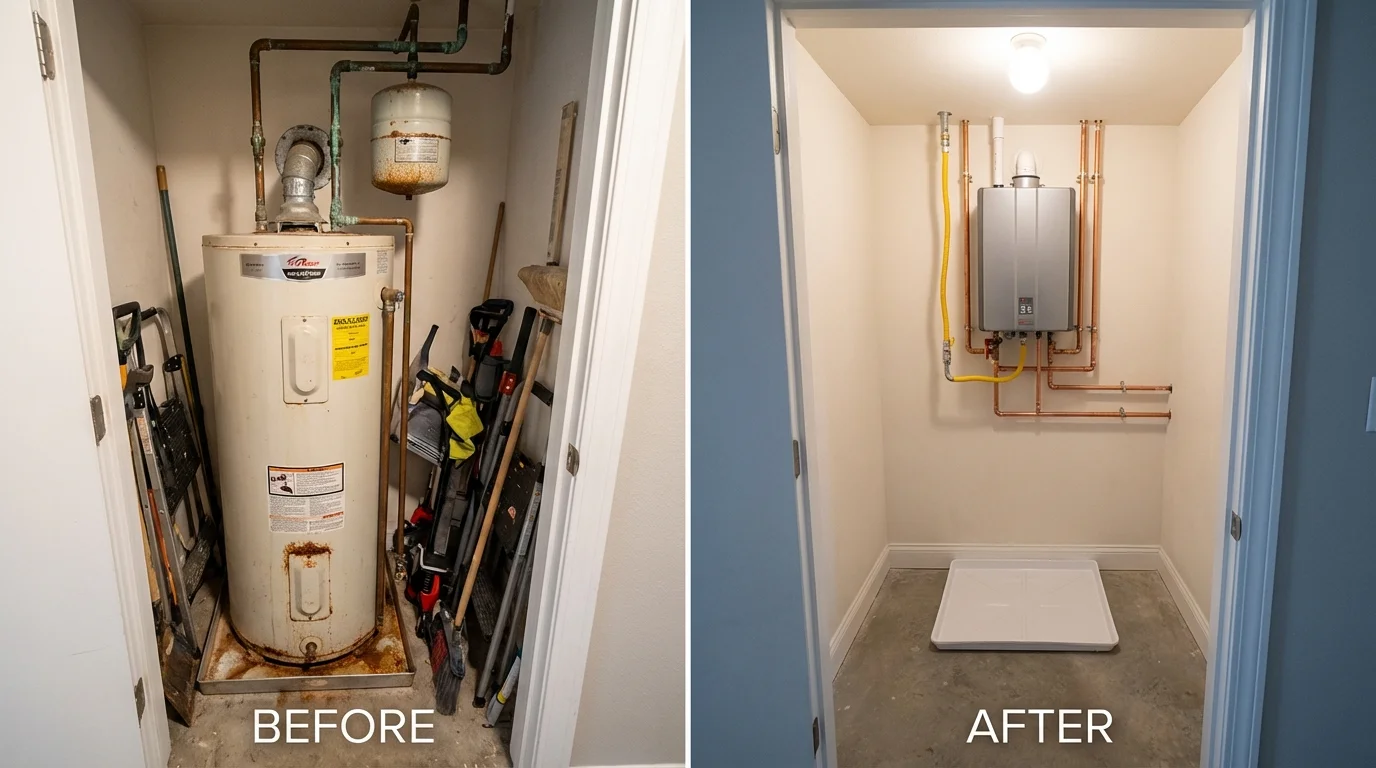 Tank water heater versus wall-mounted tankless unit comparison for Haubstadt, IN homeowners