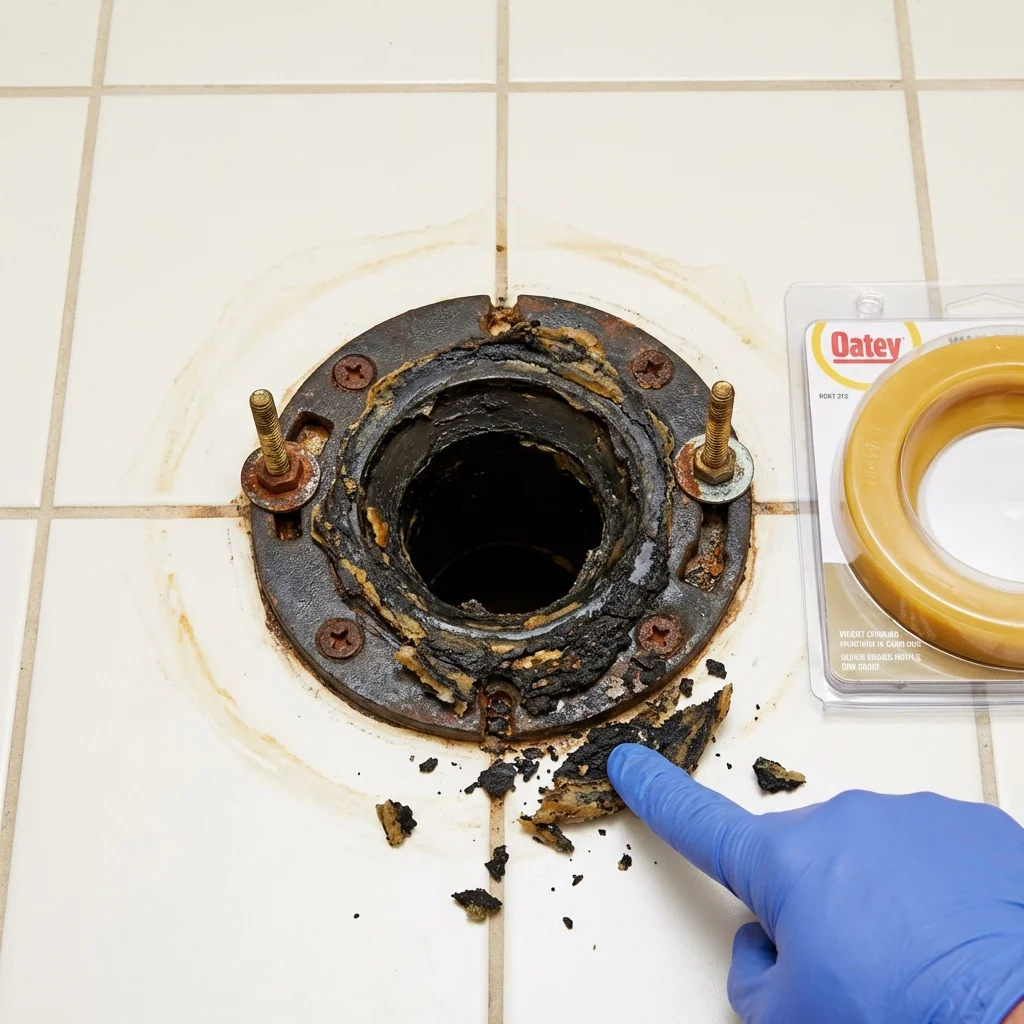 Failed wax ring showing water seepage at the base of a toilet in a Haubstadt, IN home