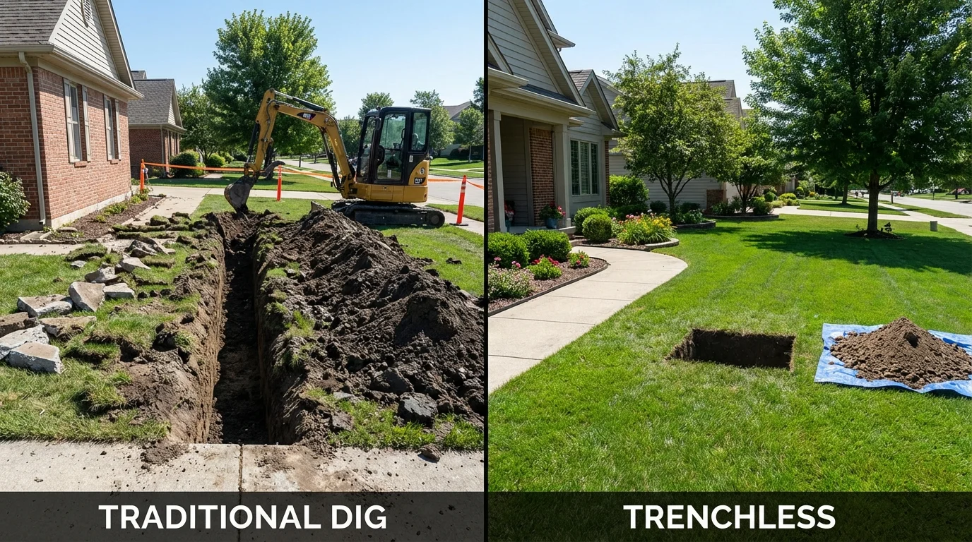 Trenchless sewer repair with minimal yard damage versus traditional excavation in Haubstadt, IN