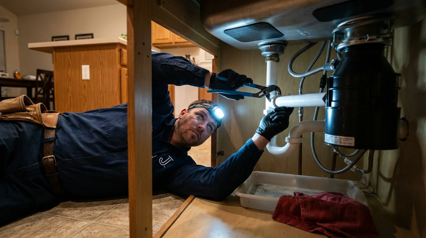 P-trap and supply line connections under a kitchen sink showing a common leak point in Haubstadt, IN